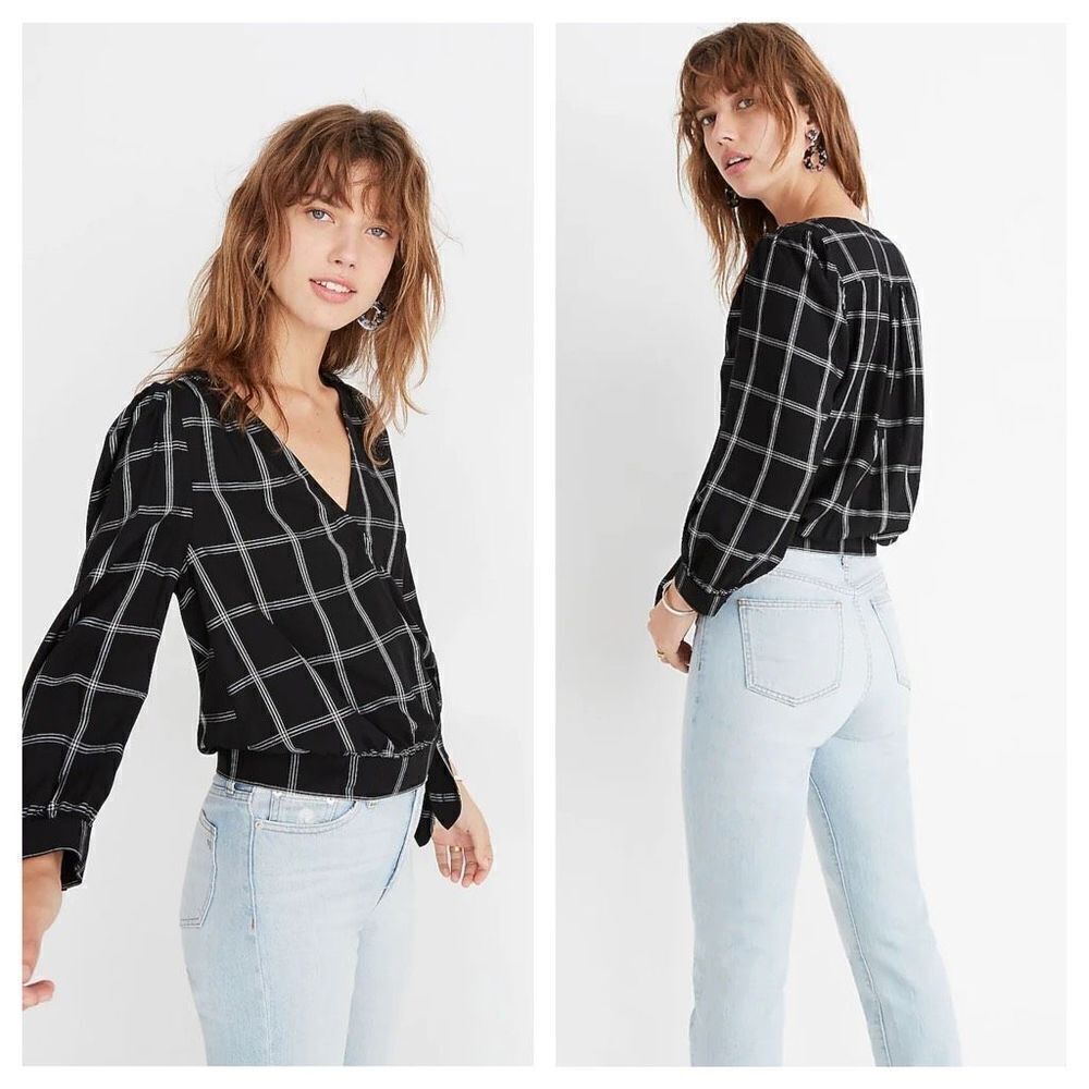Madewell‎ Wrap Top in Windowpane sz Small black white